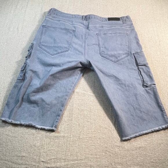 Smoke Rise Men’s 38 Blue Dusty Utility Cargo Denim Shorts Raw Hem Streetwear - Picture 2 of 10